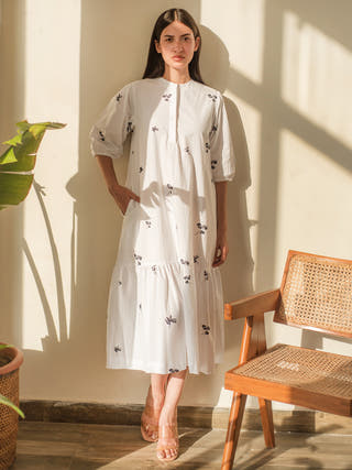 White Printed Bottom Flare Dress