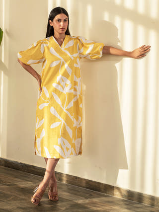 Yellow Floral Print V Neck Dress