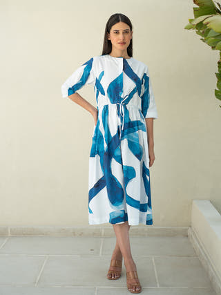 Blue Stroke Elasticated Waist Dress