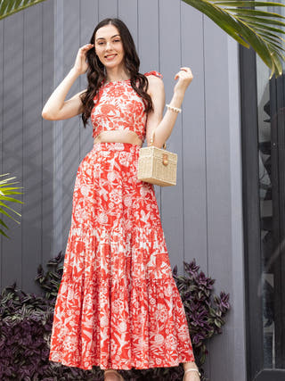 Crimson Whirl Smocked Crop Top & Maxi Skirt Co-Ord Set