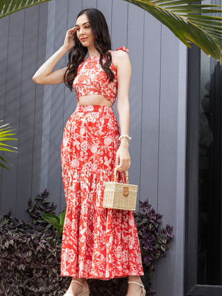 Crimson Whirl Smocked Crop Top & Maxi Skirt Co-Ord Set