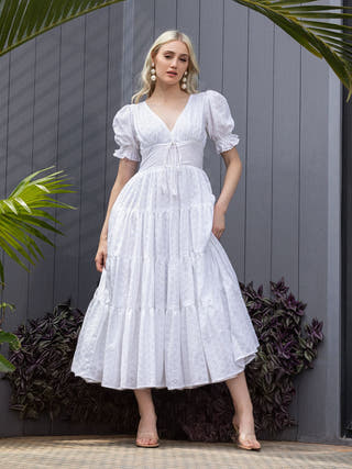 White Schiffli Cotton Maxi Dress