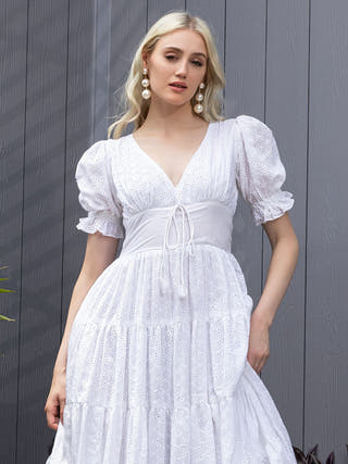 Snow Petal Schiffli Cotton Fit & Flare Maxi Dress