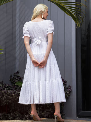 White Schiffli Cotton Maxi Dress | House of Abeena V-Neck & Puff Sleeves Flourish White Schiffli Cotton Maxi Dress | House of Abeena V-Neck & Puff Sleeves Flourish
