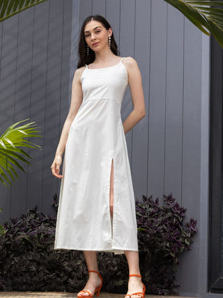 White Lily Thigh-High Slit A-Line Midi Dress