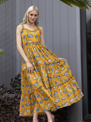 Mustard Bloom Ruffled Fit & Flare Maxi Dress