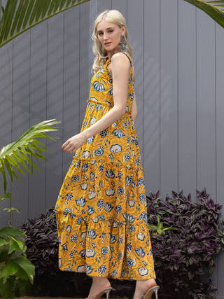 Mustard Bloom Ruffled Fit & Flare Maxi Dress