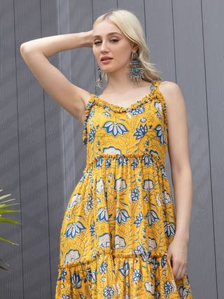Mustard Bloom Ruffled Fit & Flare Maxi Dress