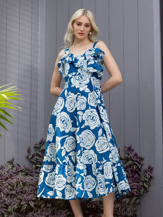 Glacier Bloom Ruffled Detail Fit & Flare Midi Dress