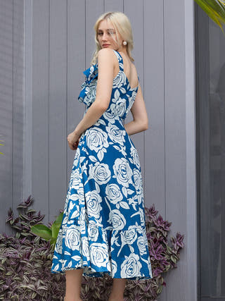 Glacier Bloom Ruffled Detail Fit & Flare Midi Dress