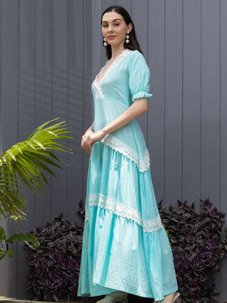 Sky Muse Contrast Lace Fit & Flare Maxi Dress