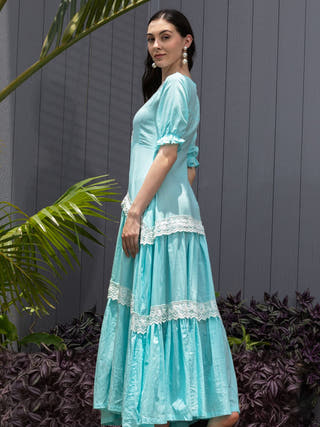 Sky Muse Contrast Lace Fit & Flare Maxi Dress