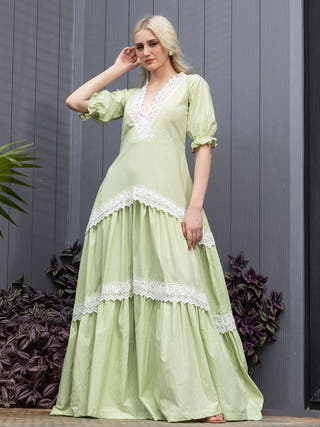Pistachio Flare Contrast Lace Fit & Flare Maxi Dress