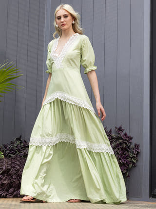 Pistachio Flare Contrast Lace Fit & Flare Maxi Dress