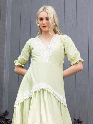 Pistachio Flare Contrast Lace Fit & Flare Maxi Dress