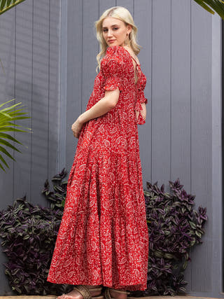 Maroon Mirage Back Tie-Up Fit & Flare Maxi Dress