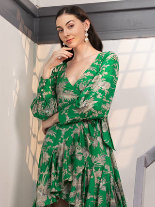 Evergreen Blossom Wrap Midi Dress