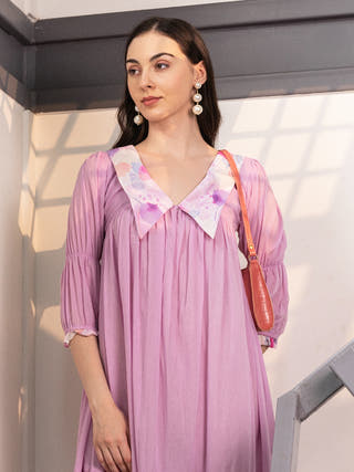 Lilac Drift Vintage Collar A-Line Midi Dress