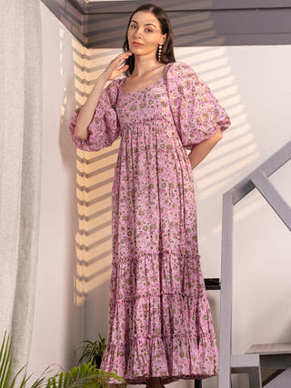 Rosy Meadow Fit & Flare With Detachable Sleeves Maxi Dress