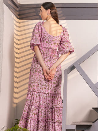Rosy Meadow Fit & Flare With Detachable Sleeves Maxi Dress