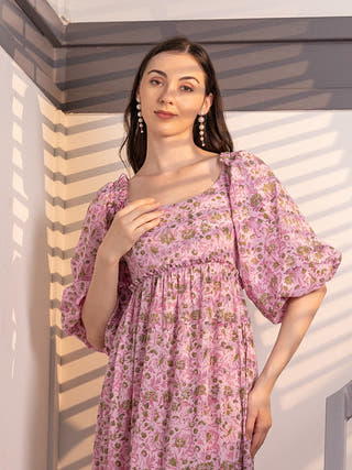 Rosy Meadow Fit & Flare With Detachable Sleeves Maxi Dress