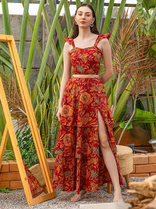 Tangerine Bloom Crop Top & Maxi Skirt Co-Ord Set