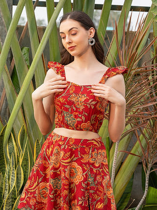 Tangerine Bloom Crop Top & Maxi Skirt Co-Ord Set