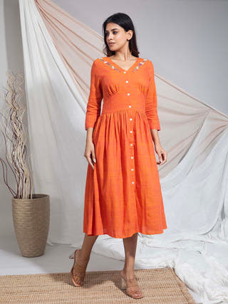 Tumpa Saffron Hand Embroidered Hand Woven Cotton Dress Earth Route 