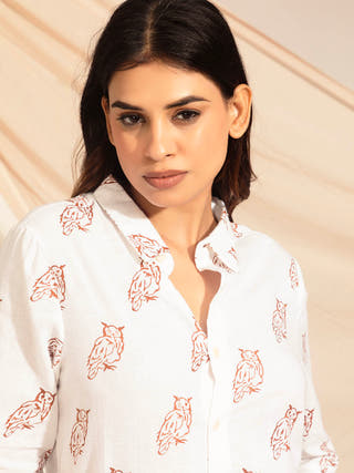 Indian Eagle Owl Hand Block Printed Shirt Earth Route 