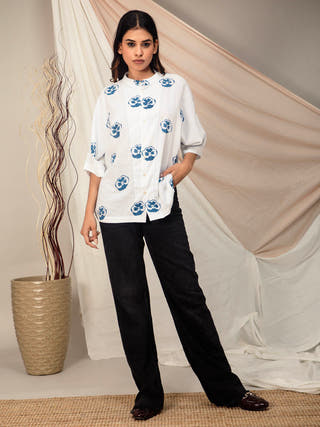Pansy Hand Block Printed Kimono Style Shirt Earth Route 