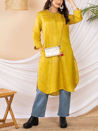 Kasuti Embroidered Pathani Silk Kurta Mustard Kai Krafts