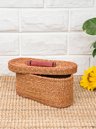 Hoglapata oval shape bread basket with lid wooden handle Natural Artzyme