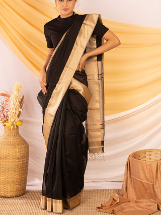 Handloom Maheshwar Silk Saree with Silver Pallu Black Ganesh Handloom