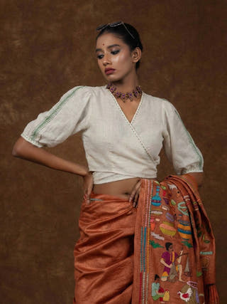 Hand Embroidered Cotton Dori Blouse | White