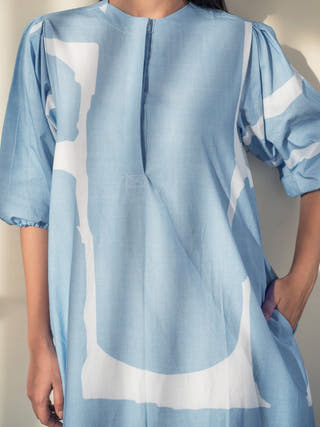 Blue Abstract Print Bottom Flare Dress