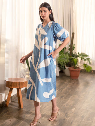 Blue Floral Print V Neck Dress