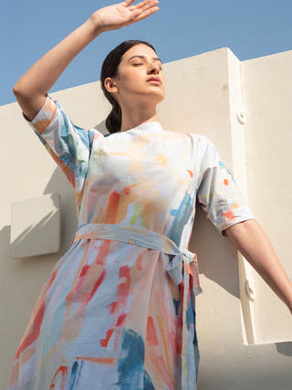 Multicolour Abstract Print Belt Dress