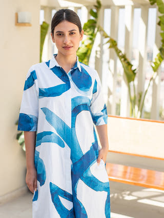 Blue Stroke Print Shirt Dress