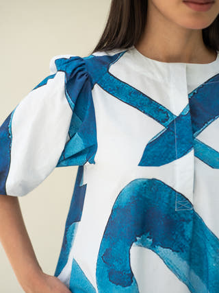 Blue Stroke Print Bottom Flare Dress