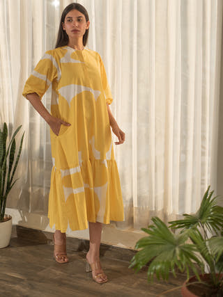 Yellow Abstract Print Bottom Flare Dress