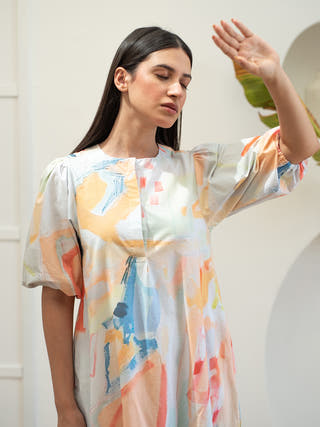 Multicolour Abstract Print Bottom Flare Dress