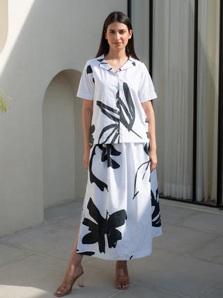 Black and White Print Cuban Collar Shirt with Skirt