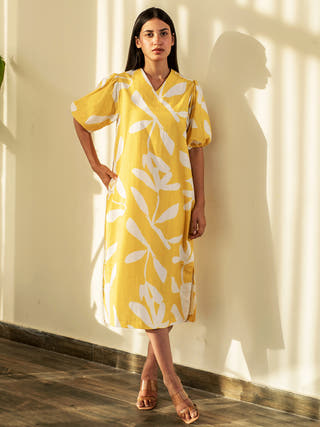 Yellow Floral Print V Neck Dress