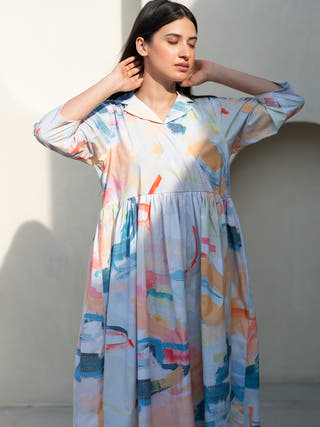 Multicolour Abstract Print Cuban Collar Dress