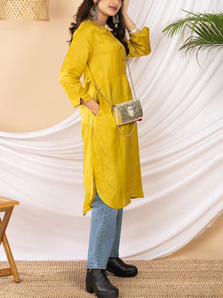 Kasuti Embroidered Pathani Silk Kurta Mustard Kai Krafts