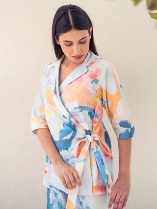 Multicolour Abstract Print Jacket with Pant