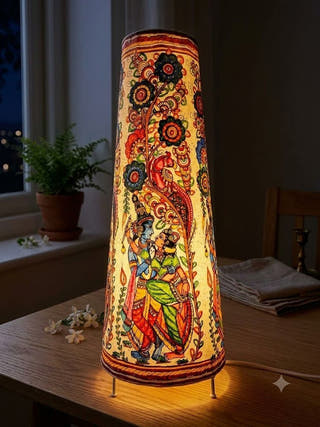 Hand Painted Radha Krishna Leather Floor Lamp - Multicolor