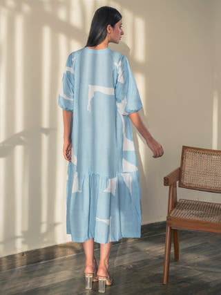 Blue Abstract Print Bottom Flare Dress