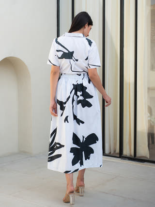 Black and White Print Cuban Collar Shirt with Skirt