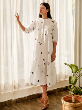 White Printed Bottom Flare Dress